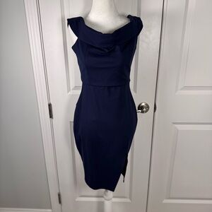 Lulus Navy Off Shoulder Sheath Midi Dress Stretch Lined Size M